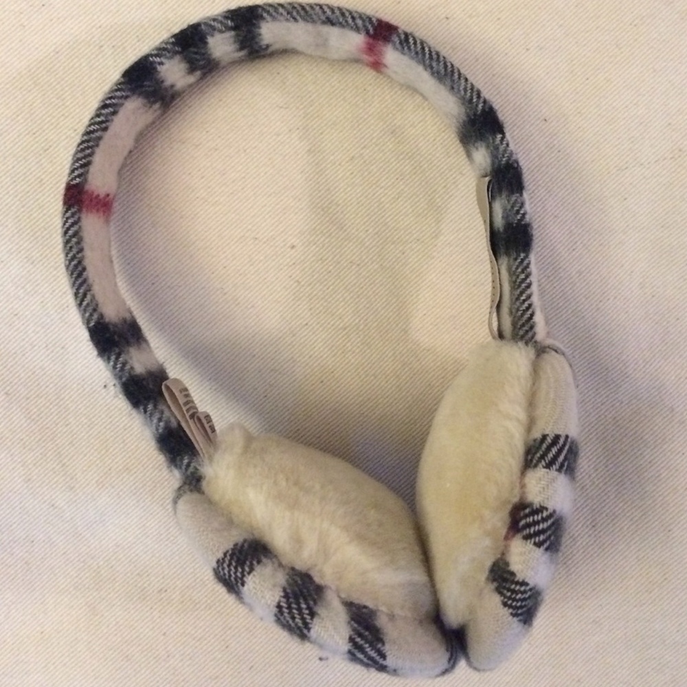 Burberry Cream and Black Plaid Fleece Earmuffs with Red Accent